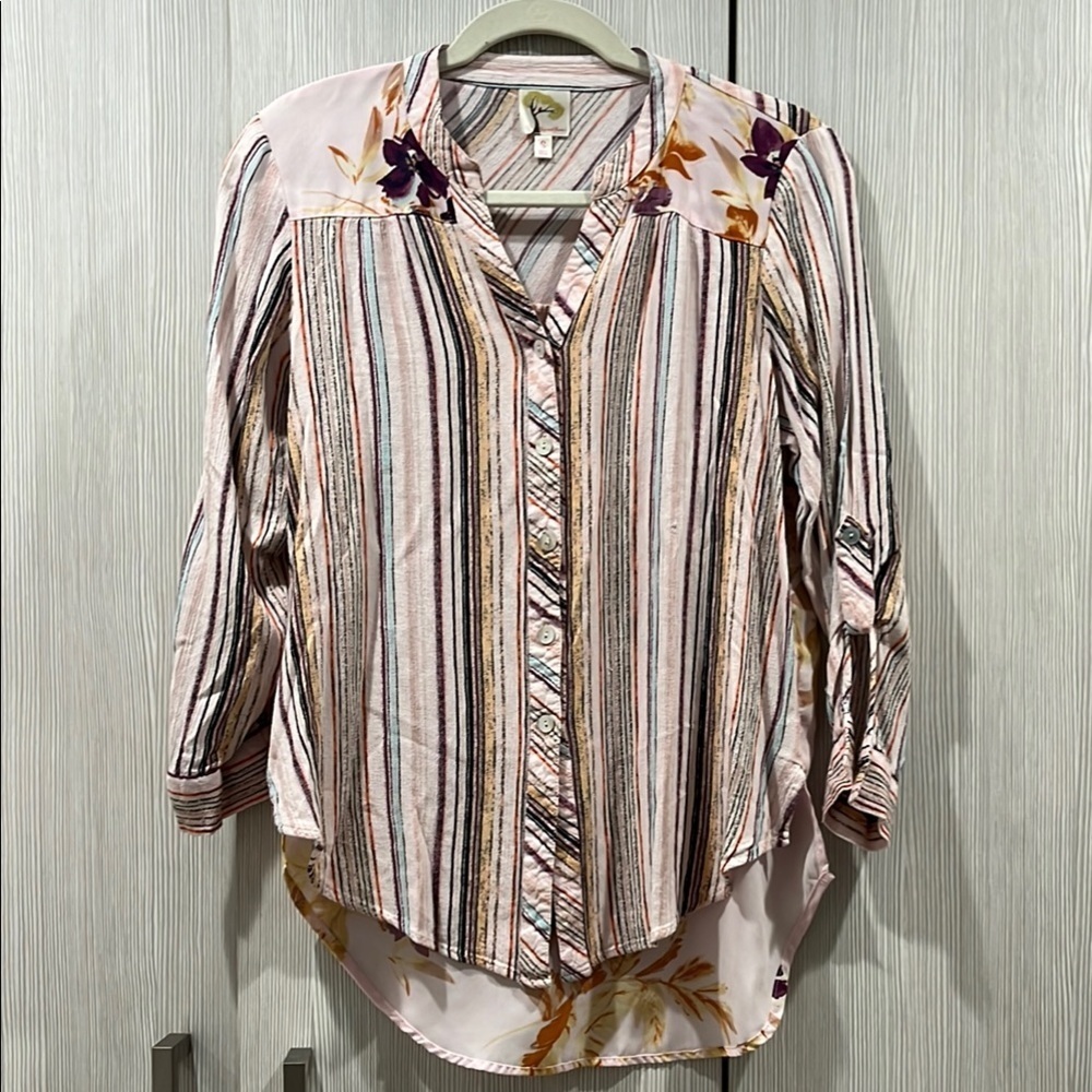 Anthropologie | Fig & Flower Blouse | Pink‎ Stripes & Floral | Size Small